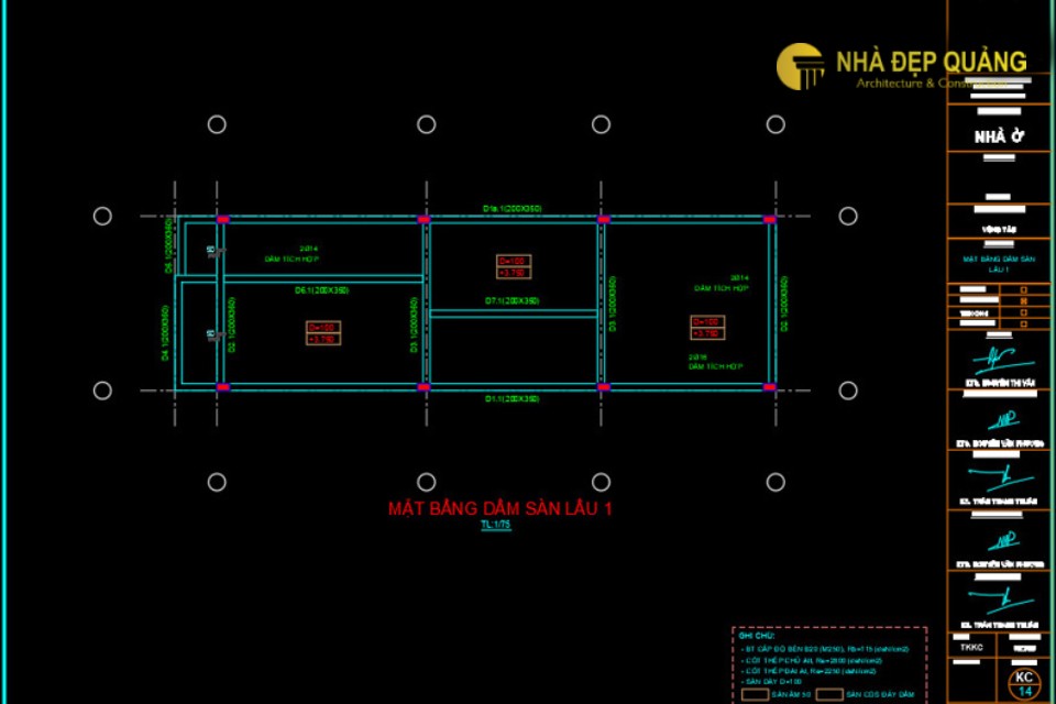 Bản vẽ cad mặt bằng dầm sàn lầu 1 nhà phố 4x16m 2 tầng