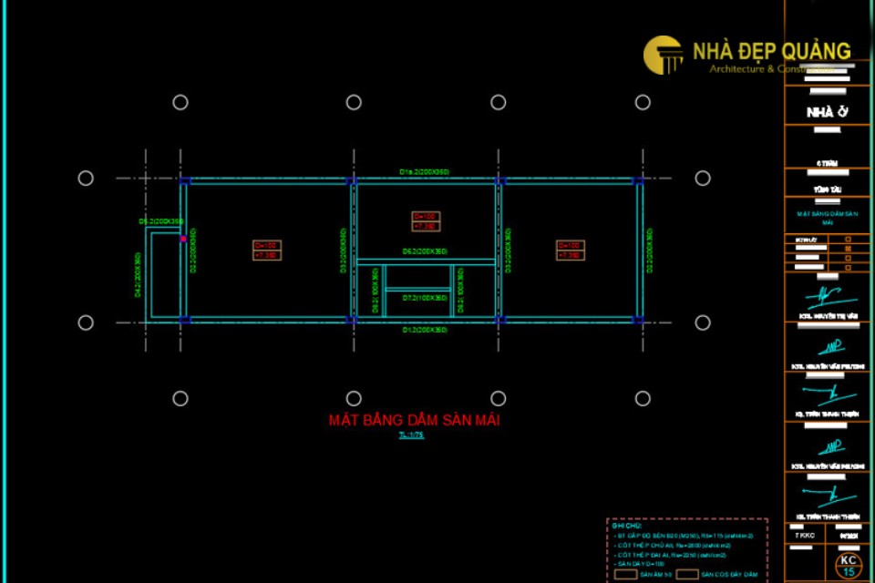 Bản vẽ cad mặt bằng dầm sàn mái nhà phố 4x16m 2 tầng