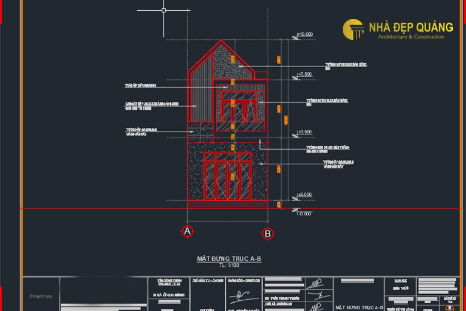 Bản vẽ cad mặt đứng nhà phố 4x16m 2 tầng