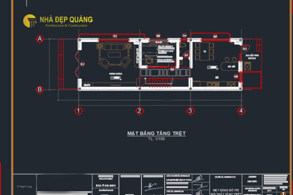 Bản vẽ cad mặt bằng tầng trệt nhà phố 4x16m 2 tầng