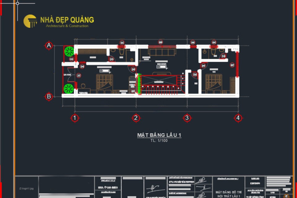 Bản vẽ cad mặt bằng lầu 1 nhà phố 4x16m 2 tầng