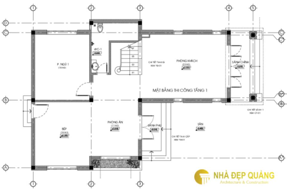 Mặt bằng tầng 1: Bao gồm 1 phòng ngủ, 1 phòng khách, 1 phòng bếp kết hợp với phòng ăn, 1 WC, 1 sảnh chính và 1 sảnh phụ.