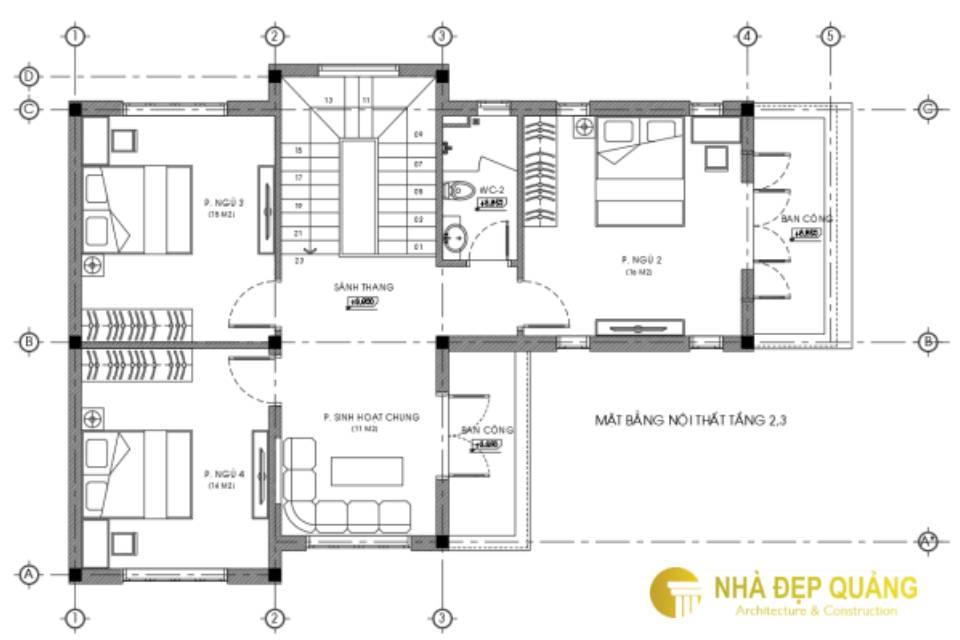 Mặt bằng tầng 2 và 3: Thiết kế với 3 phòng ngủ, 2 ban công, 1 WC và 1 phòng sinh hoạt chung.