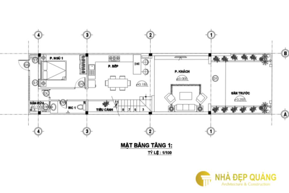 Mặt bằng tầng 1: Gồm sân trước, 1 phòng khách, 1 phòng bếp kết hợp với quầy bar, 1 phòng ngủ, 1 WC khép kín và 1 sân rửa.