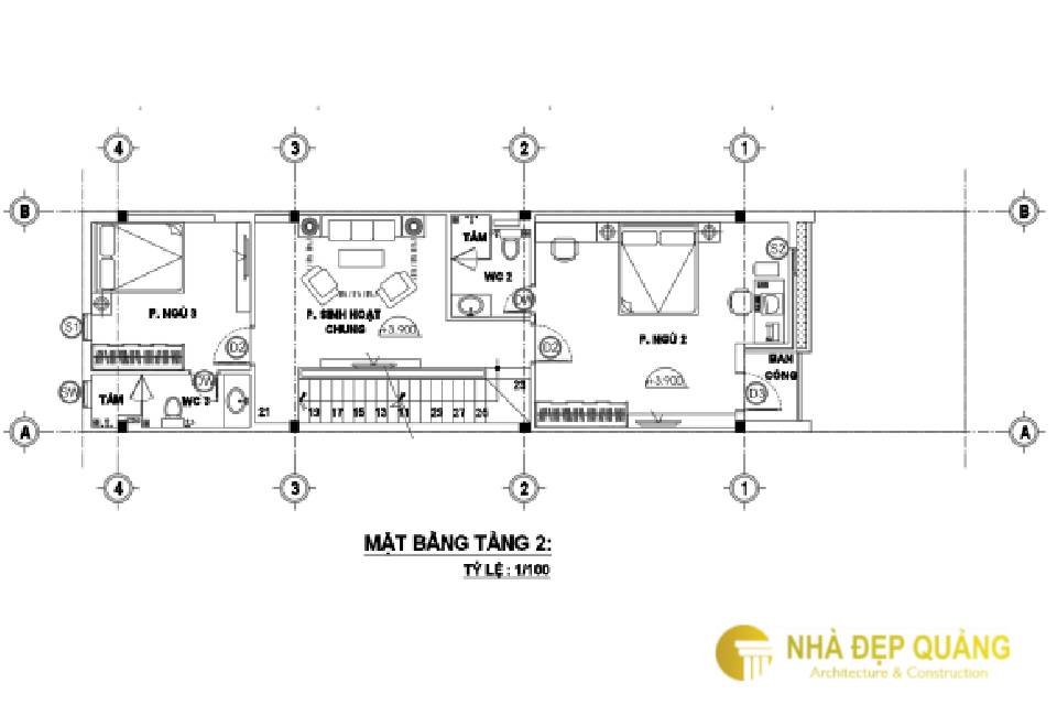 Mặt bằng tầng 2: Bao gồm 2 phòng ngủ, 1 phòng sinh hoạt chung và 2 WC.