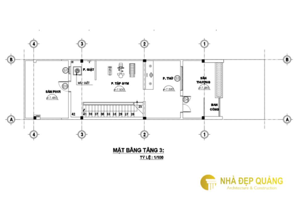 Mặt bằng tầng 3: Thiết kế với 1 phòng thờ, 1 phòng tập gym và 1 sân phơi.