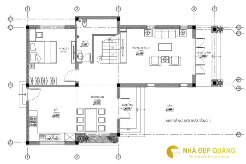 Mặt bằng tầng 1: Gồm phòng khách, phòng ăn kết hợp với bếp và 1 phòng ngủ.