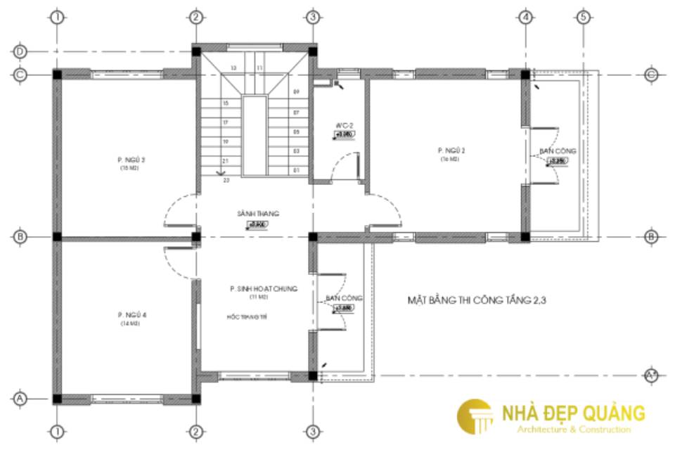 Mặt bằng tầng 2 và 3: Bố trí 3 phòng ngủ, 1 phòng sinh hoạt chung, nhà vệ sinh và ban công thoáng mát.