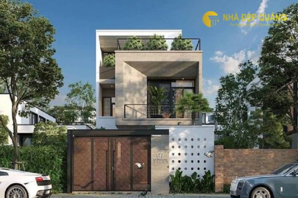 Thiết kế mẫu mặt tiền nhà phố 8m 2 tầng kết hợp sân vườn xanh mát