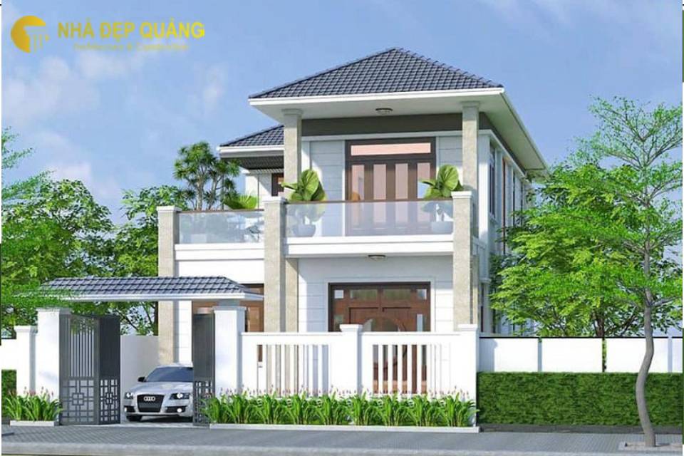 Thiết kế mẫu mặt tiền nhà phố 8m 2 tầng kết hợp sân vườn xanh mát