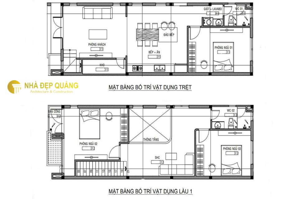 Bản vẽ bố trí công năng khoa học cho mẫu nhà phố 2 tầng 5x15