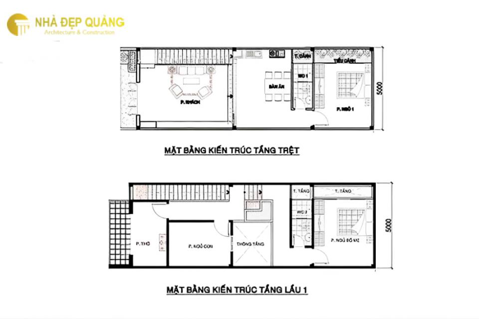 Bản vẽ bố trí công năng khoa học cho mẫu nhà phố 2 tầng 5x15
