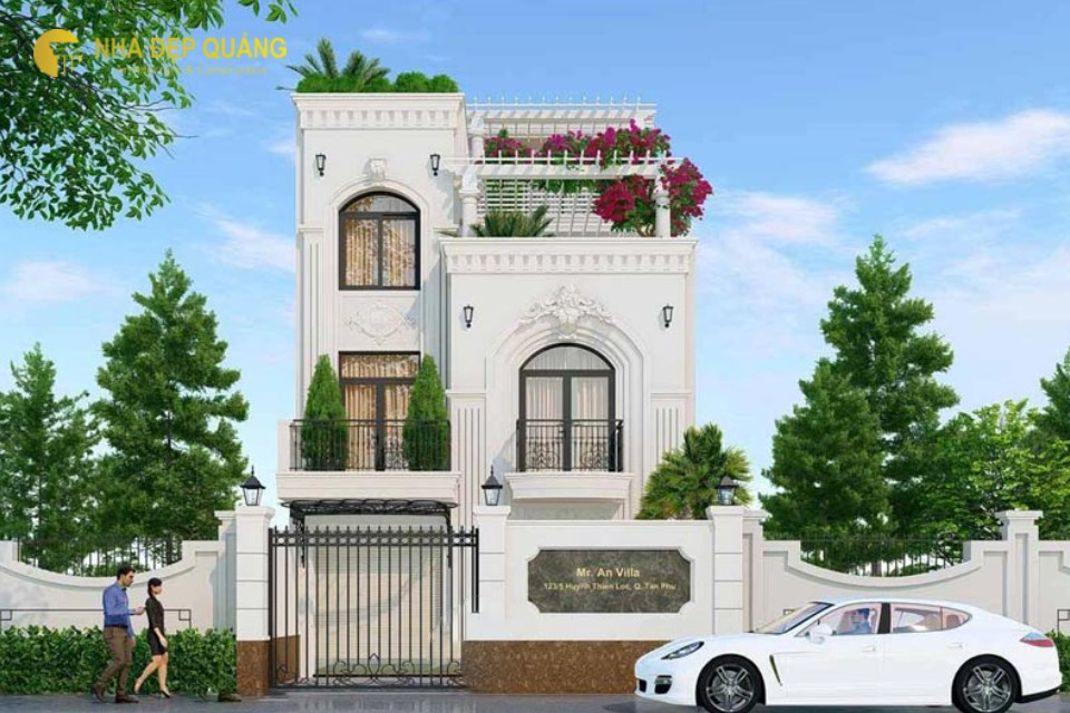 Mẫu nhà phố 2 tầng 1 tum theo phong cách tân cổ điển