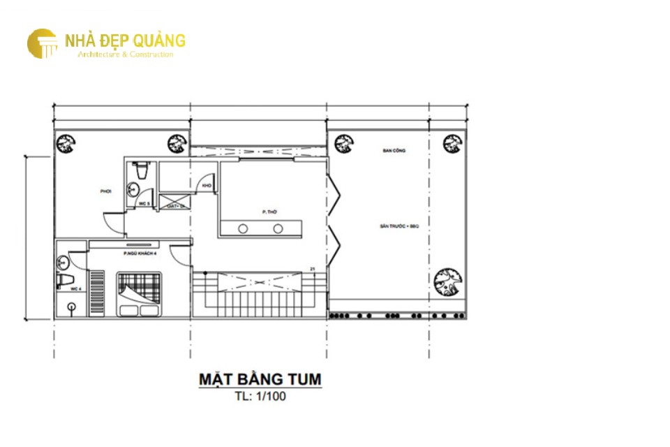Mẫu thiết kế nhà phố 2 tầng 1 tum với 4 phòng ngủ