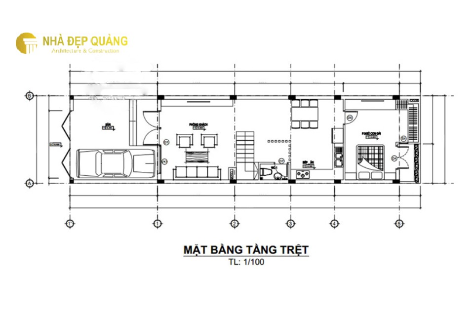 Mẫu nhà phố 2 tầng 1 tum kích thước 5x20m tiết kiệm không gian