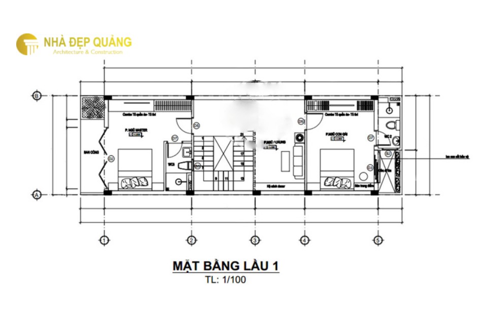 Mẫu nhà phố 2 tầng 1 tum kích thước 5x20m tiết kiệm không gian
