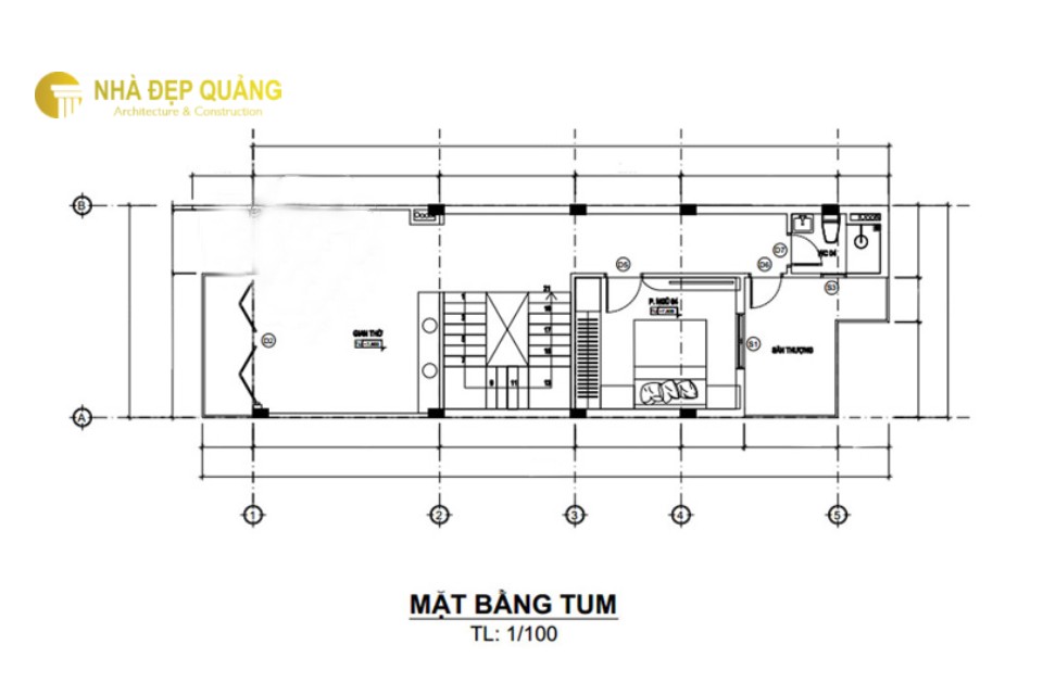 Mẫu nhà phố 2 tầng 1 tum kích thước 5x20m tiết kiệm không gian